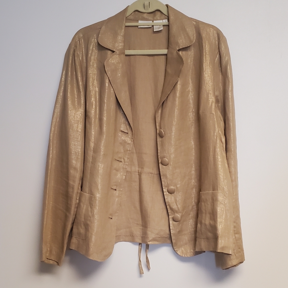 Vintage Spiegel Tan Gold Metalic 100% Linen Blazer Jacket Size 18 - Picture 6 of 9